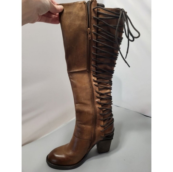 Steve Madden Rikter Cognac Brown Knee High Leather Boots, 7, Lace up - Picture 6 of 11